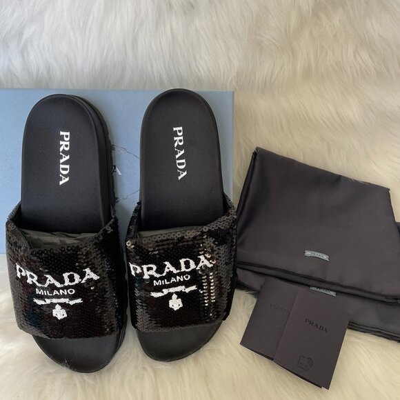 Prada Black Sequin White Logo Slide Sandal - Picture 2 of 12